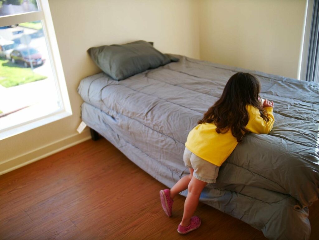 Girl leaning on twin bed