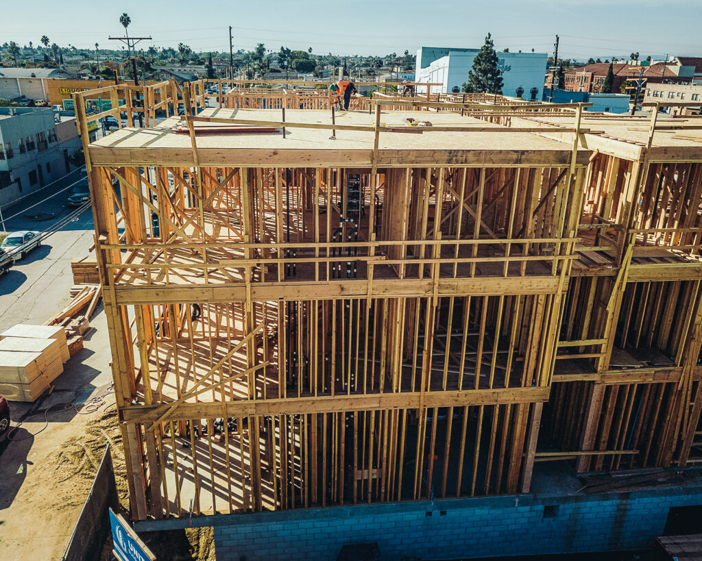 The scaffolding of a new building.