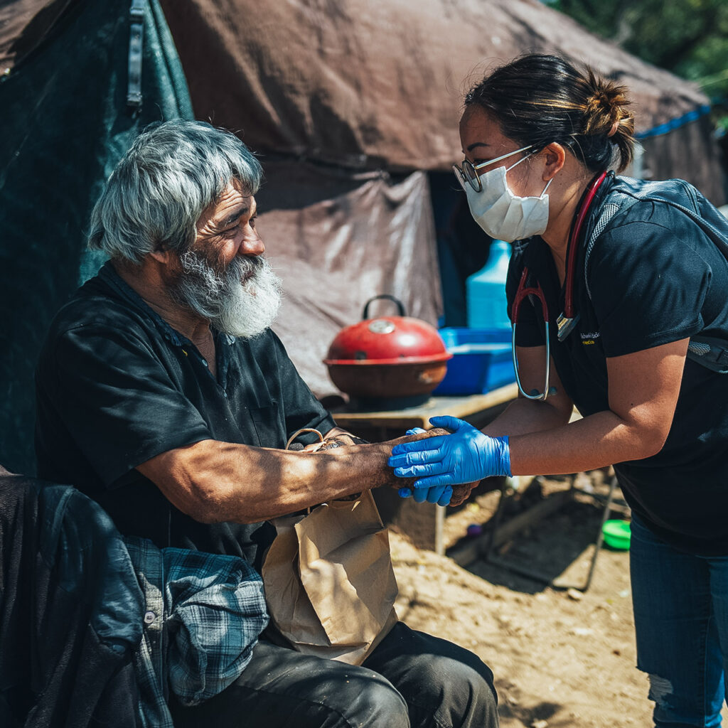 A medical outreach worker in a surgical mask shakes the hand of a bearded man experiencing homelessness