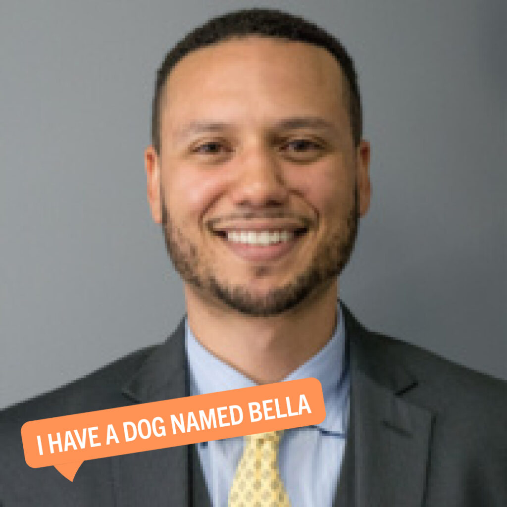 Portrait of Edward Arnold with a colorful tag displaying their fun fact "I have a dog named Bella"
